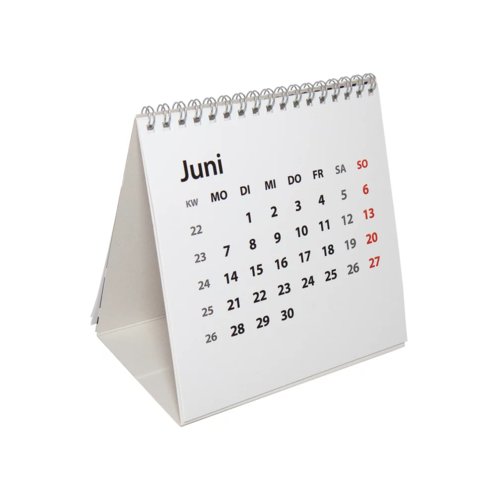 Calendario de mesa con encuadernacin en espiral y base triangular plegable.
