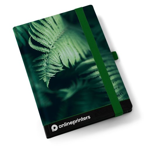 Cuaderno con cierre de goma elstica y cinta marcapginas.