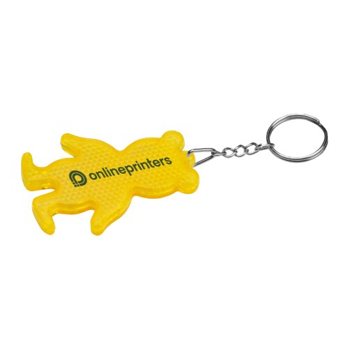 Llavero de plstico amarillo con forma de oso y anilla metlica.