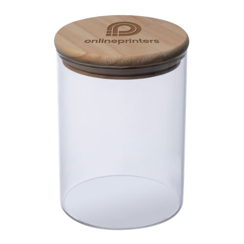 Tarro de almacenamiento de vidrio transparente con tapa de madera.