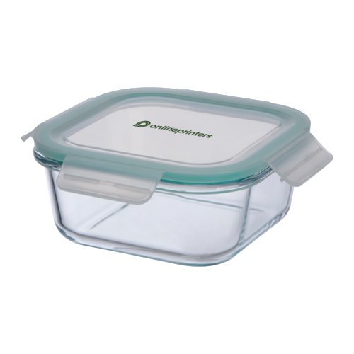 Recipiente de vidrio transparente con tapa azul claro.