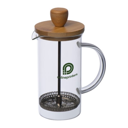 Cafetera francesa de vidrio con tapa de madera y filtro de metal.