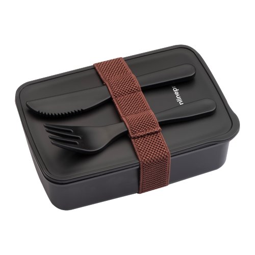 Fiambrera negra de plstico con goma elstica y cubiertos.