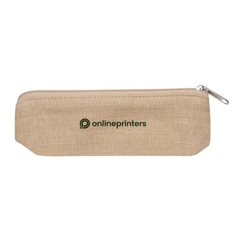 Estuche beige de tela con cremallera.