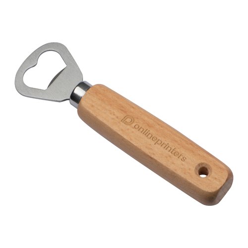 Abridor de botellas de madera con cabeza de metal y agujero para colgar.