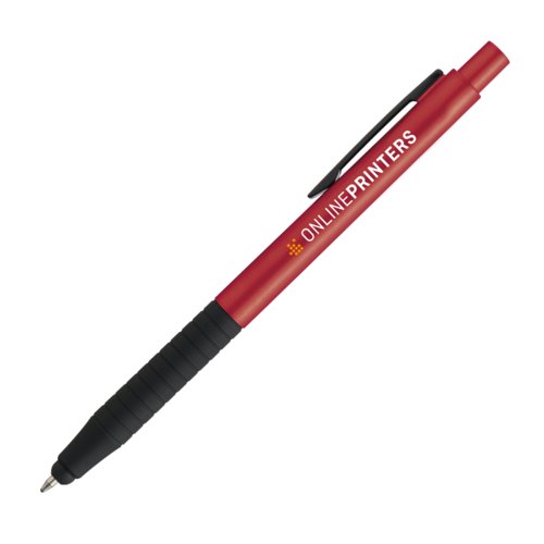 Bolgrafo rojo de metal con lpiz tctil y clip.