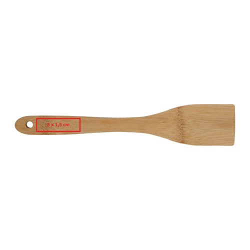 Cuchara de cocina de bamb de madera clara con orificio para colgar.