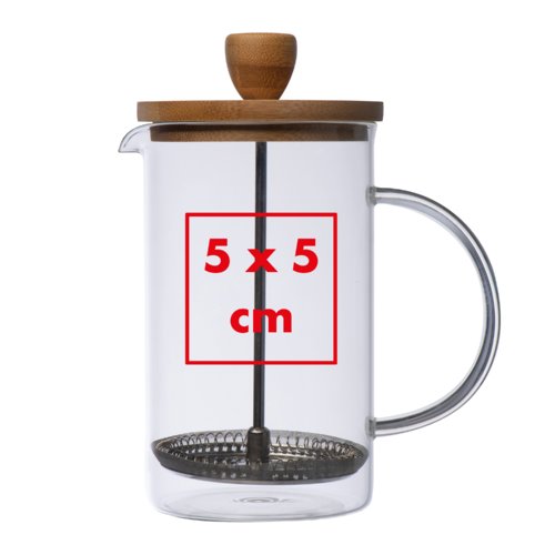 Cafetera francesa de vidrio transparente con filtro de metal y tapa de madera.