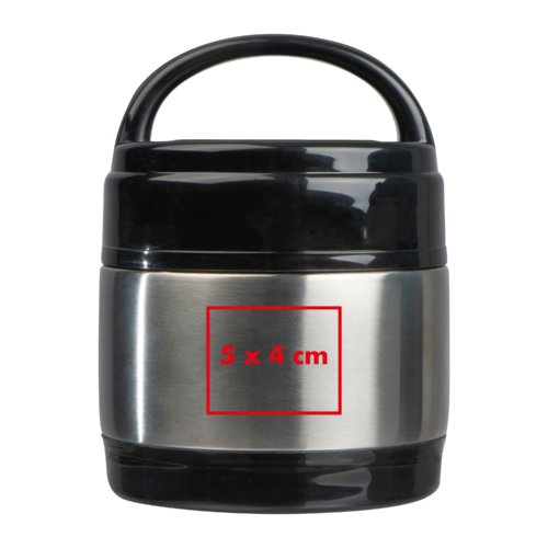 Recipiente para alimentos de acero inoxidable negro y plateado con asa.
