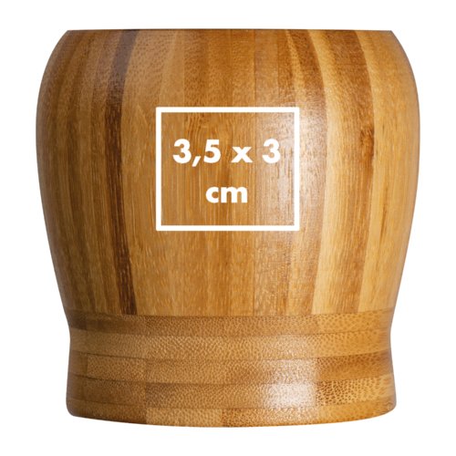 Mortero de madera clara con forma redondeada.