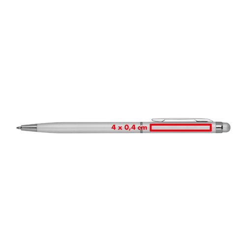 Bolgrafo de metal plateado con clip y funcin de lpiz tctil.