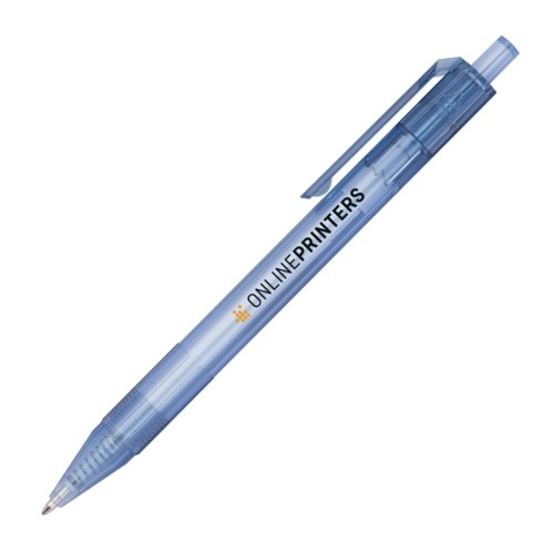 Bolgrafo reciclado azul con clip.