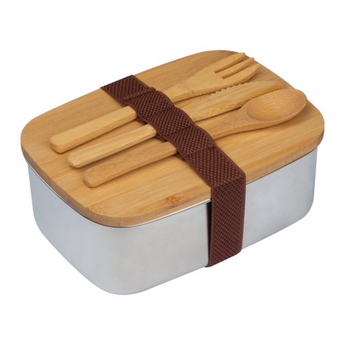 Fiambrera beige de acero inoxidable con tapa de bamb y banda elstica.