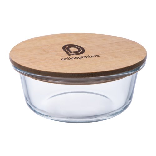 Tazn de vidrio transparente con tapa de madera.