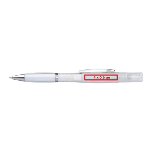 Bolgrafo de plstico blanco con funcin de pulverizacin y clip.