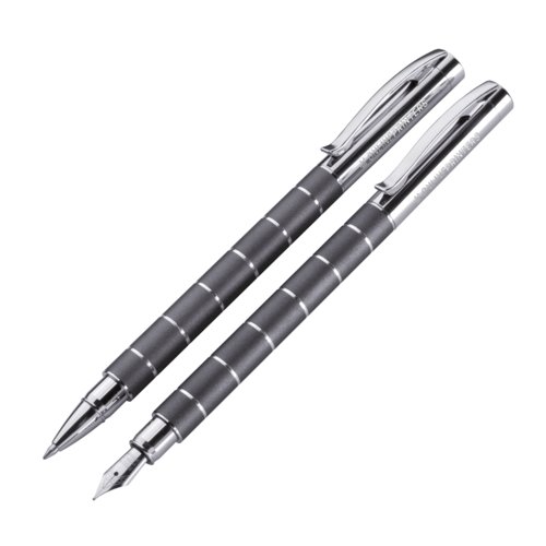 Set de escritura de metal gris con bolgrafo y pluma estilogrfica.