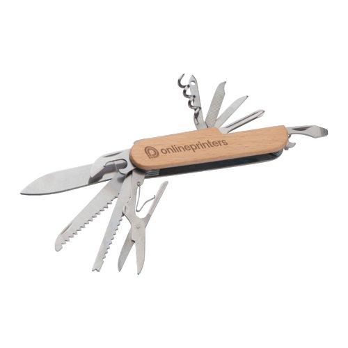 Navaja de bolsillo beige de madera con varias herramientas de metal.