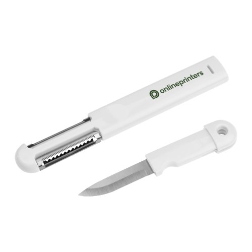 Pelador de plstico blanco 3 en 1 con cuchillo.