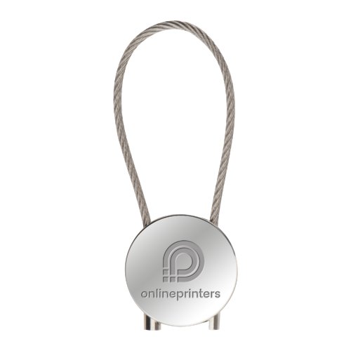Llavero de metal con colgante redondo y cable metlico.