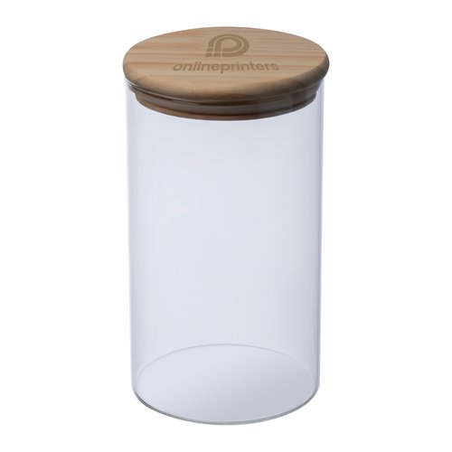 Tarro de almacenamiento transparente de vidrio con tapa de madera.