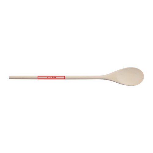 Cuchara de cocina de madera clara con mango largo.