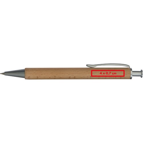 Bolgrafo de madera con estuche y clip.