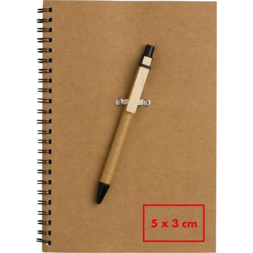 Set de escritura de papel reciclado con encuadernacin en espiral y soporte para bolgrafo.