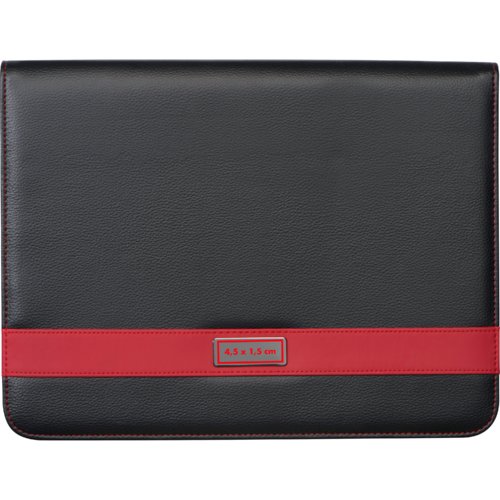 Carpeta de escritura negra de polipiel con detalles en rojo.