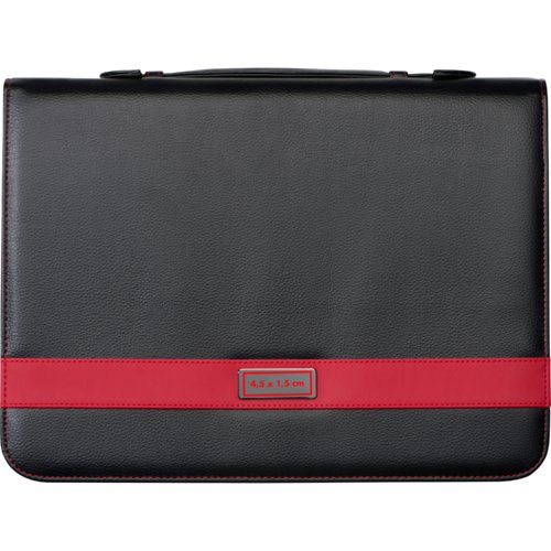 Carpeta negra con detalles rojos y asa de transporte.