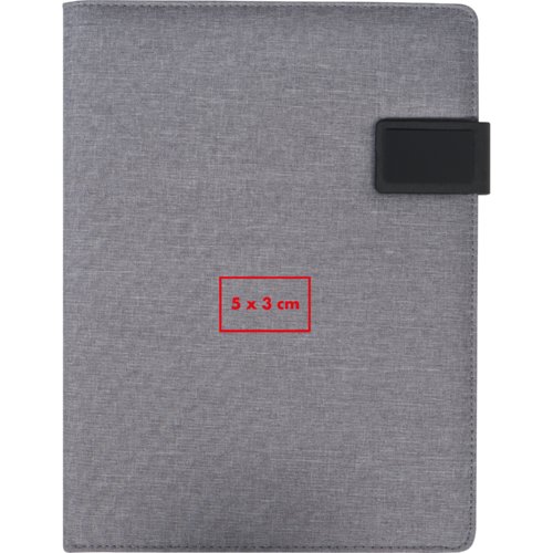 Carpeta de escritura gris con trabilla para bolgrafo y cierre magntico.