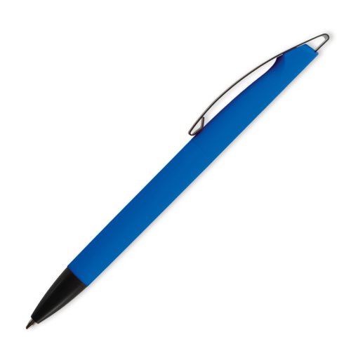 Bolgrafo de plstico azul con clip y botn pulsador.