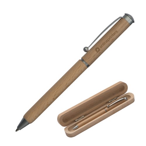 Bolgrafo de madera de haya color madera con elementos metlicos y caja a juego.