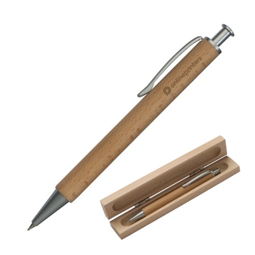 Bolgrafo de madera con clip y estuche a juego.