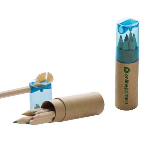 Lpices de colores de madera en estuche de cartn con sacapuntas.