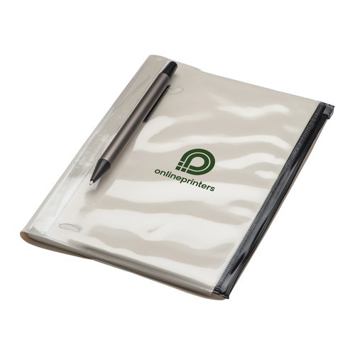 Cuaderno con cubierta de plstico transparente y cremallera.