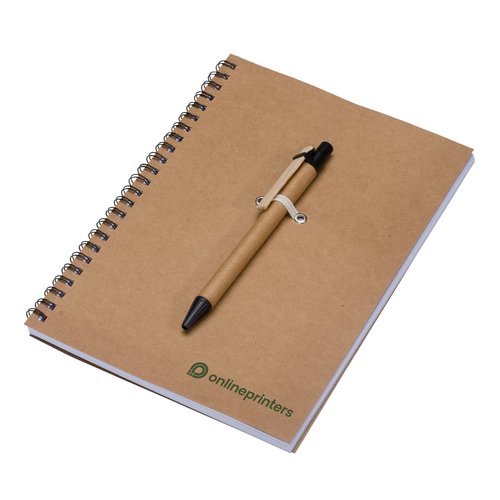 Set de escritura de papel reciclado con bolgrafo y encuadernacin en espiral.
