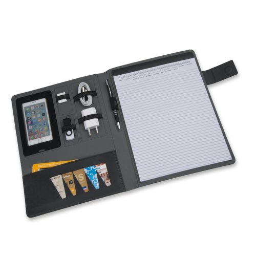 Carpeta de escritura gris con soporte para bolgrafo, ranuras para tarjetas y compartimento para tableta.