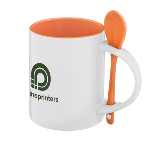 Taza de cermica naranja con cuchara a juego en el asa.