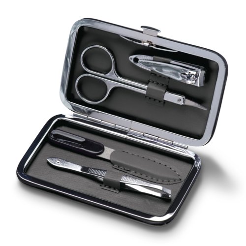 Set de manicura antracita en estuche de PU con varias herramientas.