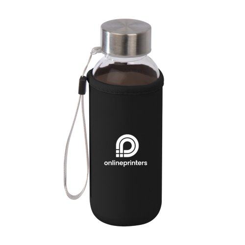 Botella de agua de vidrio con tapa de rosca y funda de tela.