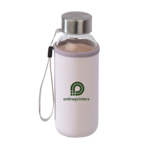 Botella de agua blanca de cristal con tapn de rosca y asa de transporte.