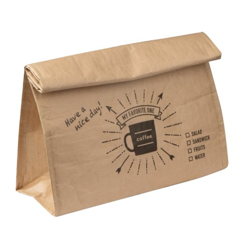 Bolsa trmica beige con cierre plegable y asa de transporte.