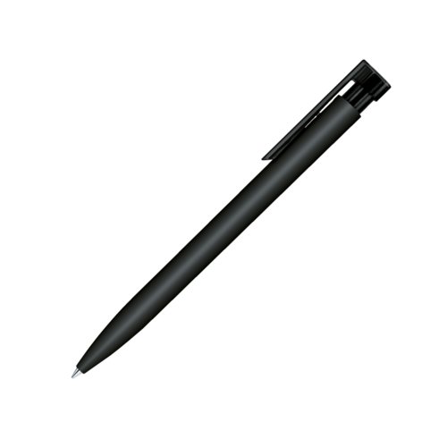 Bolgrafo negro con superficie suave, clip y botn pulsador.