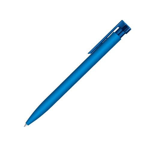 Bol�grafo azul de pl�stico con acabado suave y clip.
