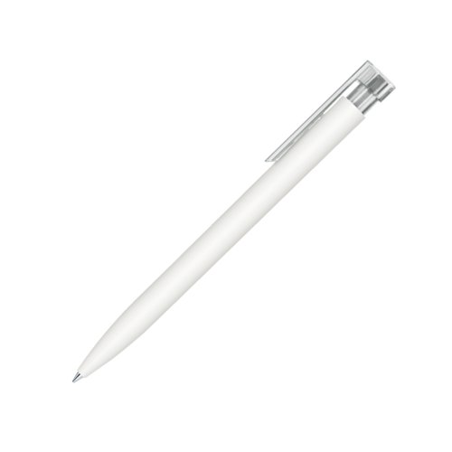 Bol�grafo blanco con mecanismo de pulsador y clip.