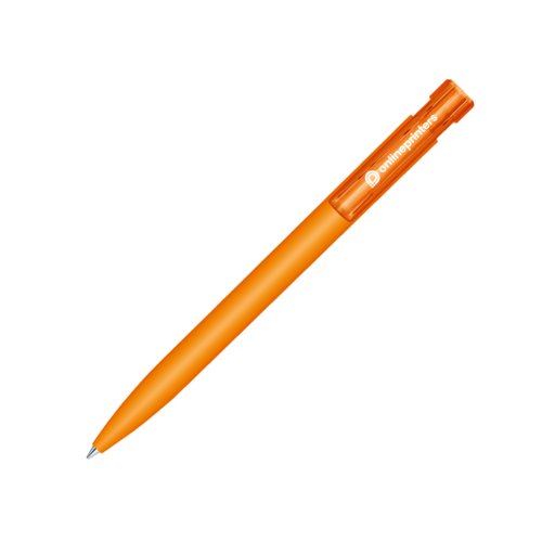 Bol�grafo de pl�stico naranja con mecanismo de pulsaci�n y superficie suave.