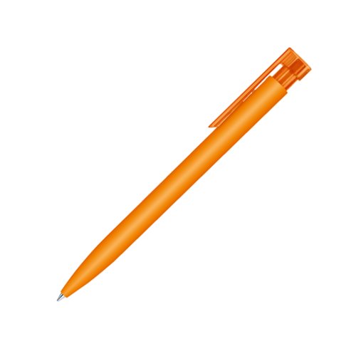 Bol�grafo de pl�stico naranja con mecanismo de pulsaci�n y clip.