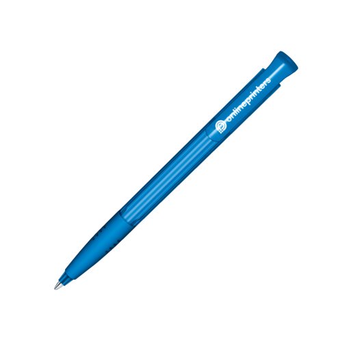 Bolgrafo de plstico azul con botn pulsador y agarre suave.