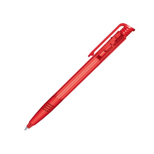 Bolgrafo de plstico rojo con clip y mecanismo de botn pulsador.