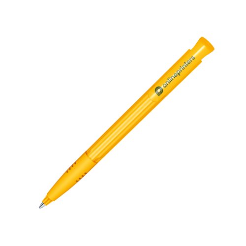 Bolgrafo de plstico amarillo con botn y agarre suave.